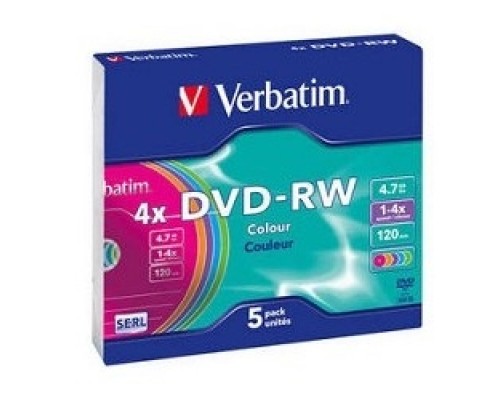 Verbatim DVD-RW 4x, Colour, Slim, 5шт,(43563) 1/5