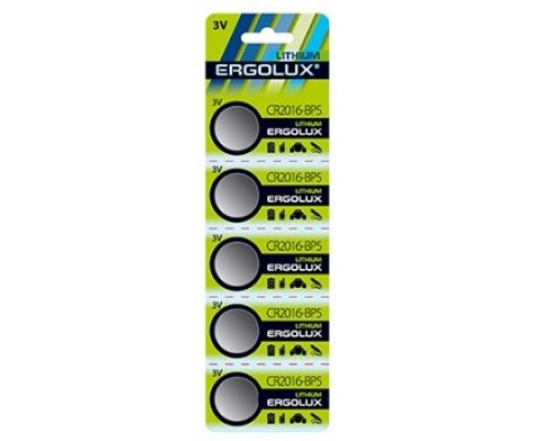 Ergolux CR2016 BL-5 (CR2016-BP5, батарейка литиевая,3V) (5 шт. в уп-ке) 1/5